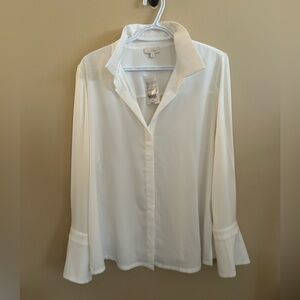 Laura White Button-Down Stretch long Bell sleeve Top